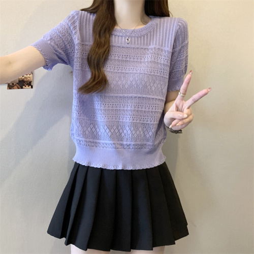 Korean chic summer sweet round neck pullover design hollow jacquard puff sleeve thin knitted sweater top for women