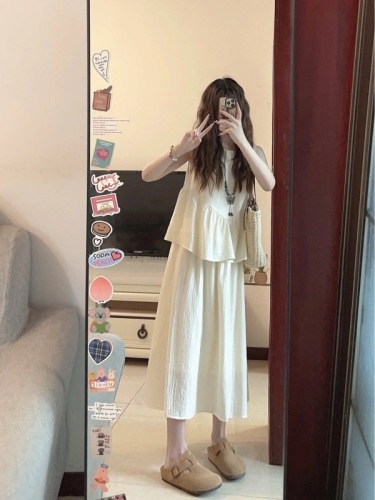 杏色禅意天丝套装女2024夏季新款无袖上衣+半身裙两件套