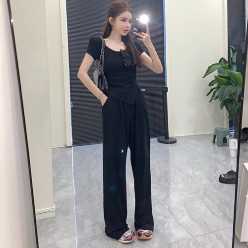 Original workmanship design, irregular slim-fitting short-sleeved T-shirt, trousers for small people, two-piece casual suit