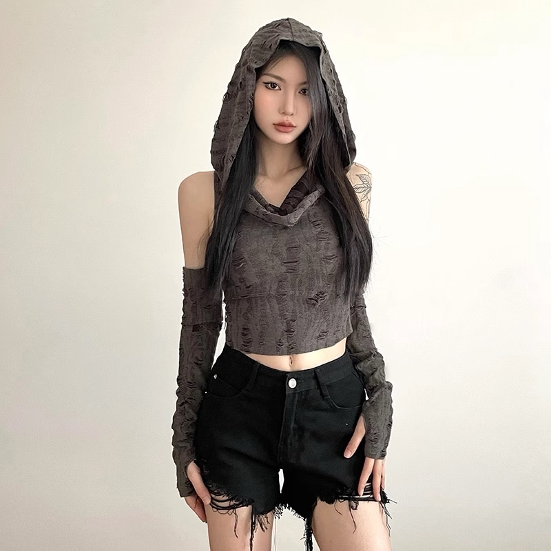 Wasteland style sweet hottie short sleeve top women's spring and summer ripped vest hooded bottoming shirt T-shirt
