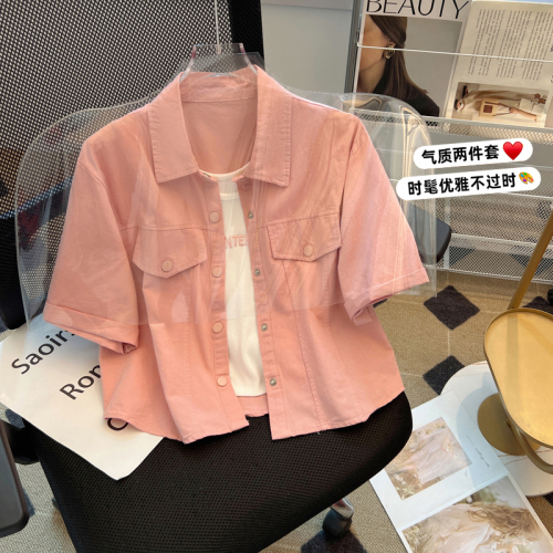 韩版洋气工装贴标短袖衬衫外套女夏+字母背心2件套别致显瘦甜辣妹
