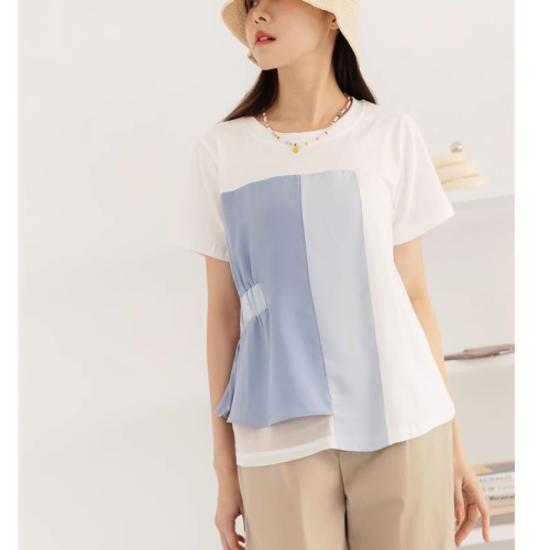 2024韩国夏季新款小众设计感个性撞色拼接t恤别致收腰短袖上衣女