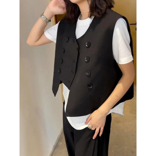 Quality Inspection Officer Picture Irregular Double-breasted Suit Vest Women's Versatile Stacking Short Vest Short Jacket New Style Women