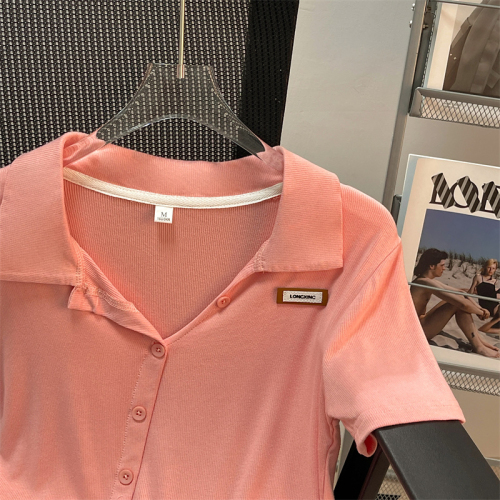 实拍 后包领polo领短袖t恤女2024年新款夏短款修身打底衫