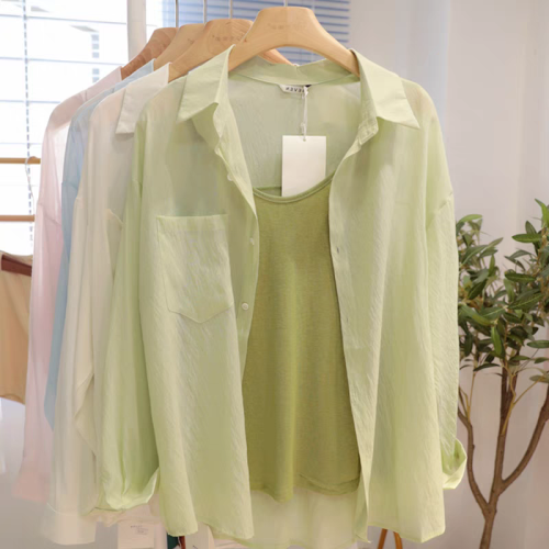 法式绿色薄款防晒衣长袖衬衫女夏装新款宽松显瘦衬衣叠穿上衣外套
