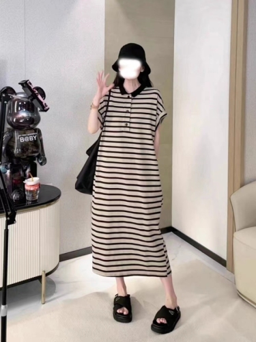 Casual age-reducing polo collar striped dress for women summer 2023 new style loose lazy slimming knee-length skirt