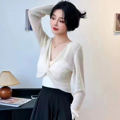 Shawl women's summer suspender skirt with blouse, soft long-sleeved thin air-conditioned blouse, half-cut sweet and spicy short top