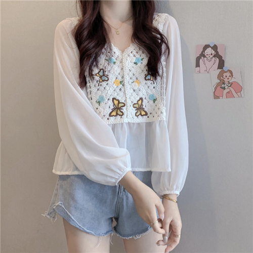 Fairy summer women's shirt, hollow, gentle and loose, 2024 new style sun protection clothing, small fresh long-sleeved top