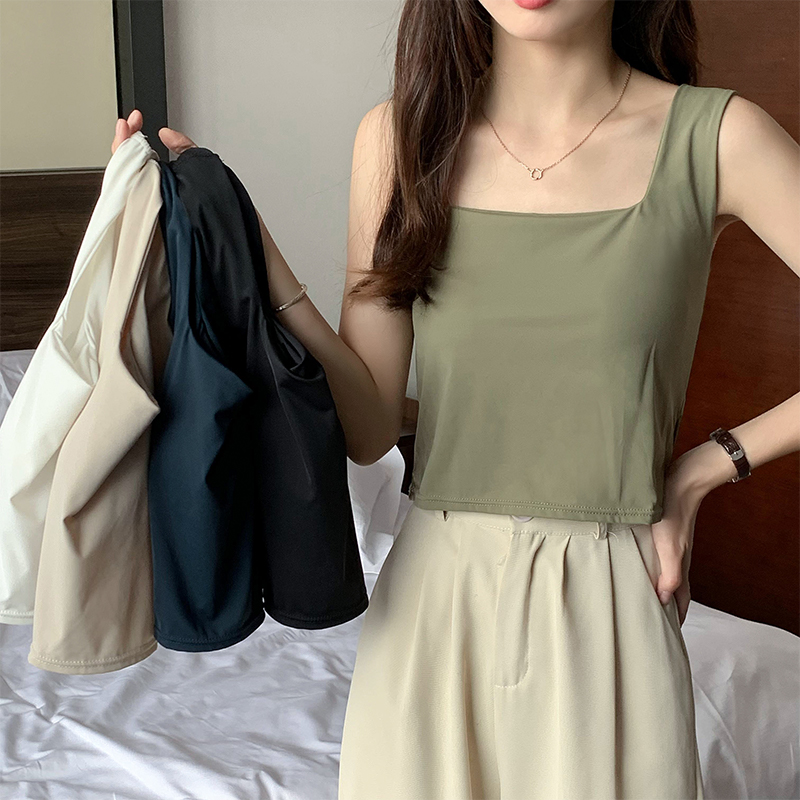 Actual shot ~ Ice silk vest with square collar, slim fit and versatile outer wear, short sleeveless top for women