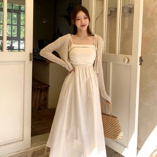 chic 韩版夏季法式小众方领皱褶收腰抹胸吊带裙连衣裙