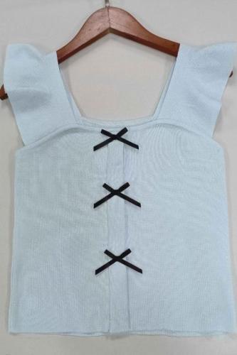 2024 new summer style temperament, age-reducing, flying sleeves, high needle, high density, chic bow knitted vest top
