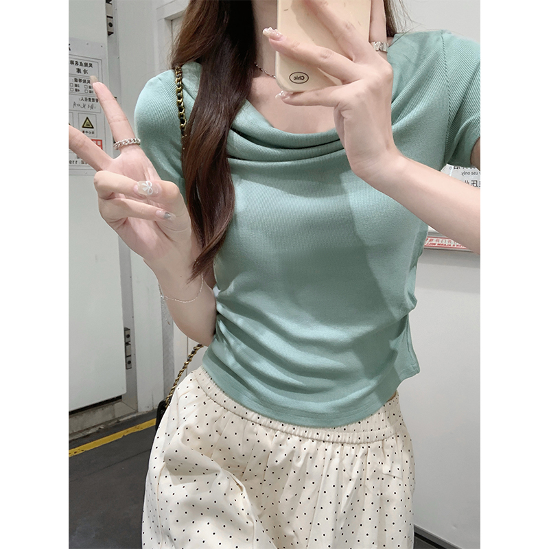 Vintage Mint Mambo Style One-Shoulder Short-Sleeve T-Shirt for Women - Summer Versatile Fitted Slimming Short Top