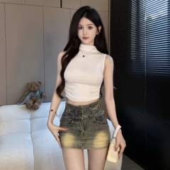 純色辣妹半高領無袖背心女裝夏季新款修身顯身材上衣純欲風打底衫