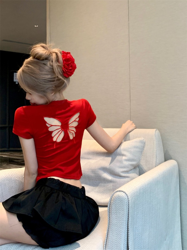 Butterfly embroidery hollow round neck short-sleeved T-shirt for women summer design niche slim hot girl short red top