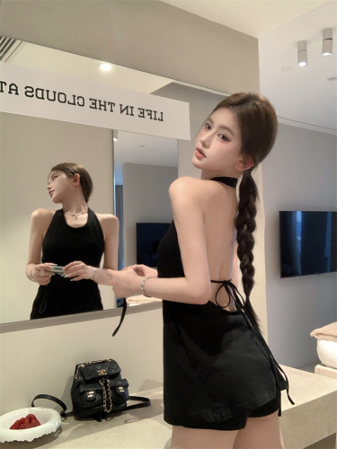 Actual shot of vest for women, black loose backless summer outer wear halter top