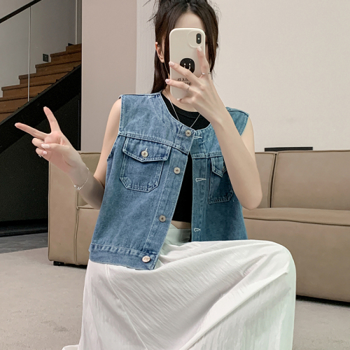 Real shot ~ Denim vest vest jacket women summer new sleeveless outer short top waistcoat women's vest