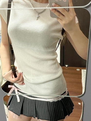 韩系复古小飞袖针织短袖t恤女夏季修身短款甜辣妹正肩薄款上衣潮