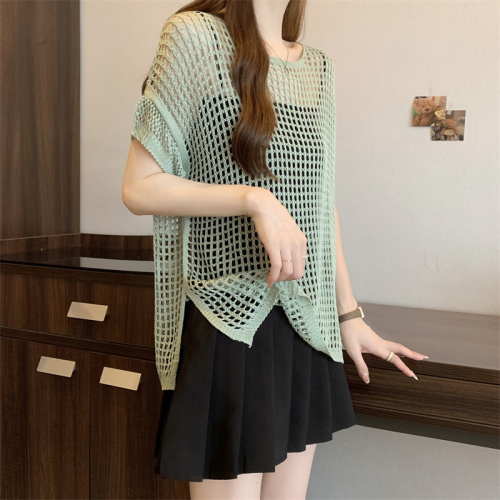 French hollow ice silk short-sleeved knitted outer blouse for women summer thin loose air-conditioned sun protection with suspender top