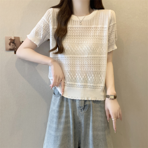 Korean chic summer sweet round neck pullover design hollow jacquard puff sleeve thin knitted sweater top for women