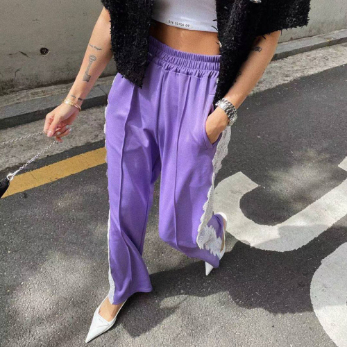 Original style modern lace stitching elastic waist wide leg sports casual pants