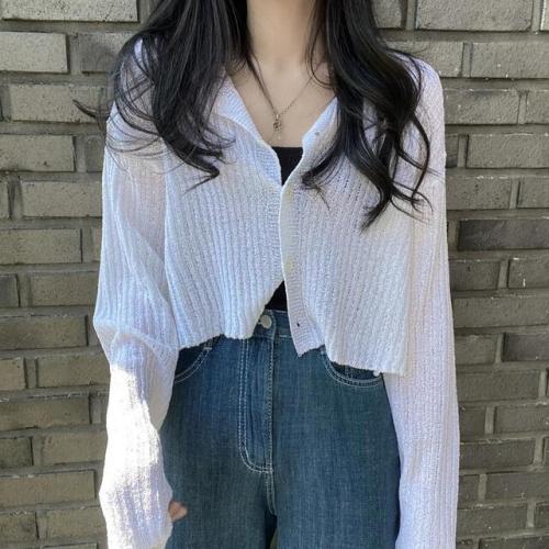 韩国chic百搭夏季长袖针织开衫防晒短款薄外套女