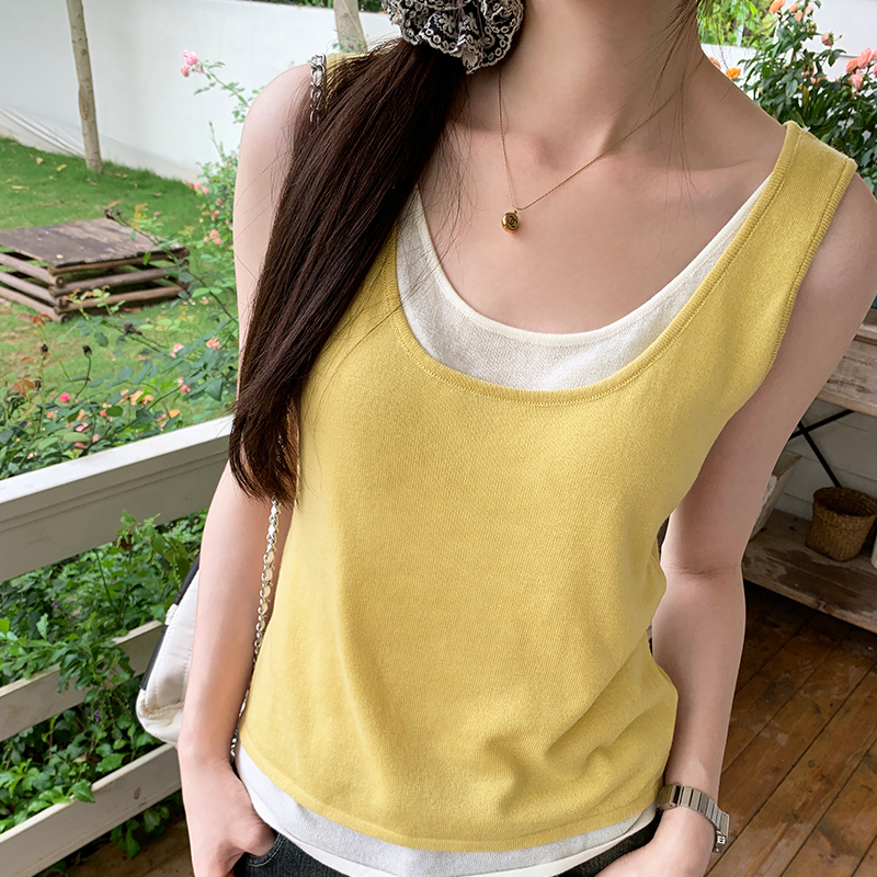 Actual photo design fake two-piece I-shaped vest for women summer 2024 new style sleeveless outer wear French style top