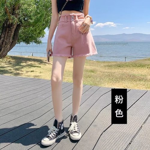 夏季辣妹毛边直筒牛仔短裤女高腰宽松大码胖mm阔腿显瘦粉色热裤