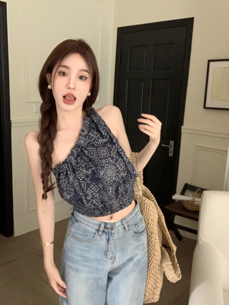 Women's clothing design sense strapped short waist pleated retro temperament hot girl print slant collar off-shoulder vest for women summer