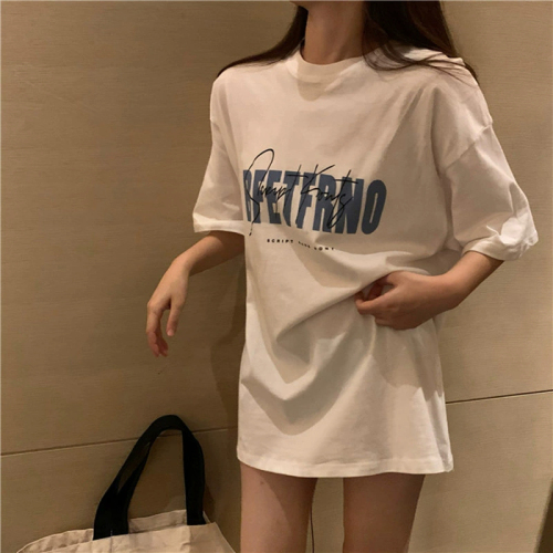 Fashionable super hot white T-shirt for women summer new Korean style Hong Kong style retro printed student mid-length tops and bottoming shirts