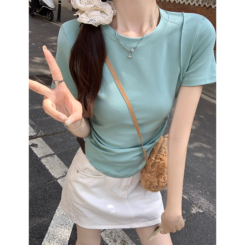 Women's 2024 Summer Slimming and Body-Concealing Short-Sleeve T-Shirt with Korean Style, Wrinkled High-Waisted Short Top