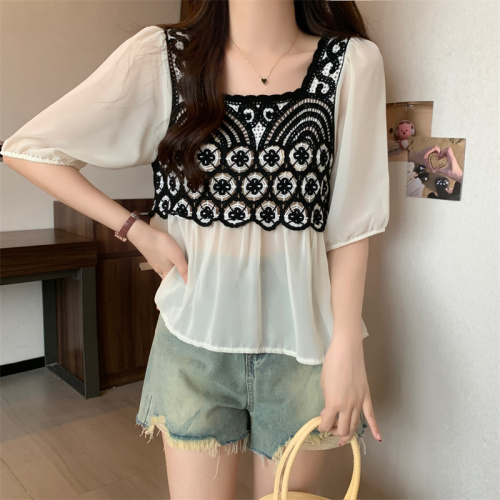 New 2024 Summer New T-shirt Summer Puff Sleeve Retro Knitted Splicing Square Neck Elegant Temperament Top