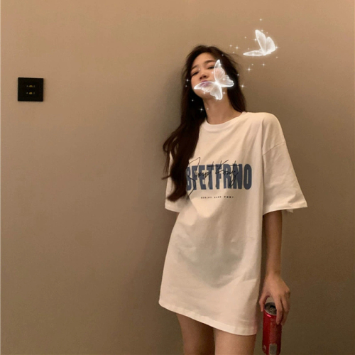 Fashionable super hot white T-shirt for women summer new Korean style Hong Kong style retro printed student mid-length tops and bottoming shirts