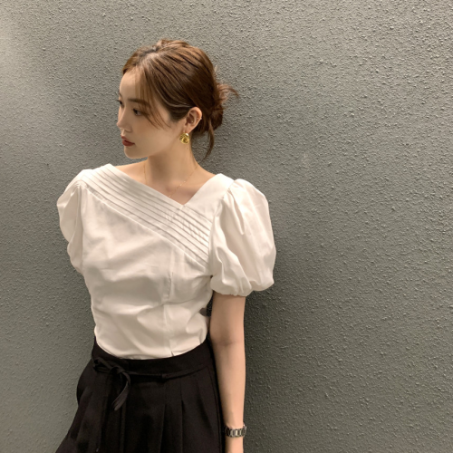 Korean chic summer pleated puff sleeve shirt