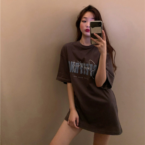 Fashionable super hot white T-shirt for women summer new Korean style Hong Kong style retro printed student mid-length tops and bottoming shirts