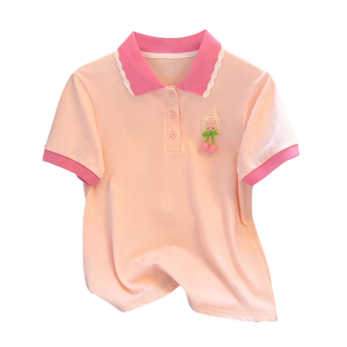 粉色短袖polo衫女夏季小个子短款polo领女T恤正肩宽松上衣保罗衫