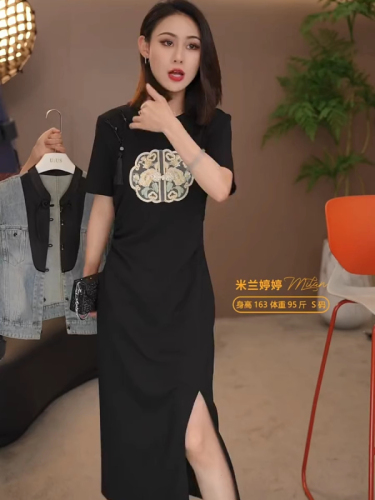 夏季大码胖mm新中式国风开叉T恤连衣裙女设计短袖收腰长裙250斤