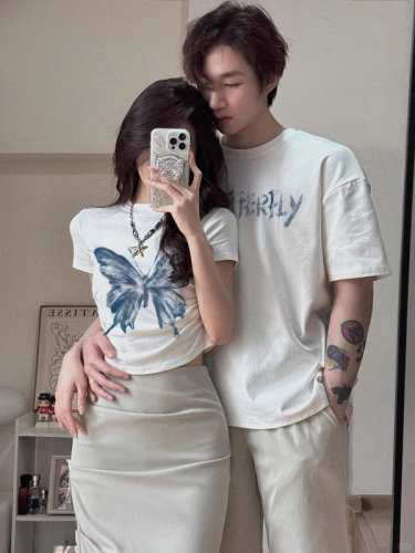 Special internet celebrity couple outfit summer 2024 new disoo short-sleeved one long one short butterfly T-shirt suit pure cotton