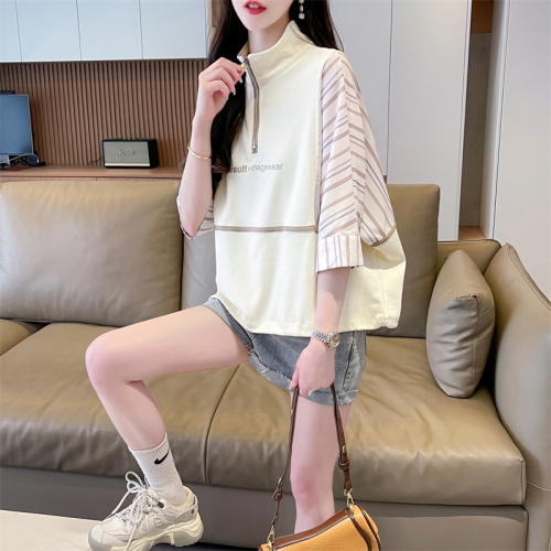 实拍 设计感小众短袖t恤女夏季新款韩版宽松假两件polo领短袖t恤