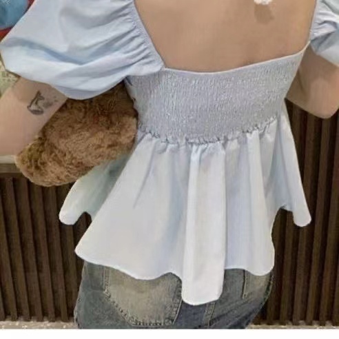 气质方领挂脖泡泡袖衬衫女夏季2024新款设计感显瘦减龄短袖娃娃衫