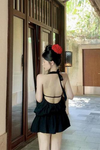 Real shot~Twin Realm Dress Summer Halter French Style Black Backless Short Skirt