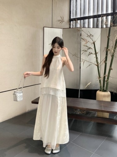Actual shot ~ White Tea Glazed New Chinese Top and Skirt Suit Women's Summer Butterfly Printed Shirt and Long Skirt