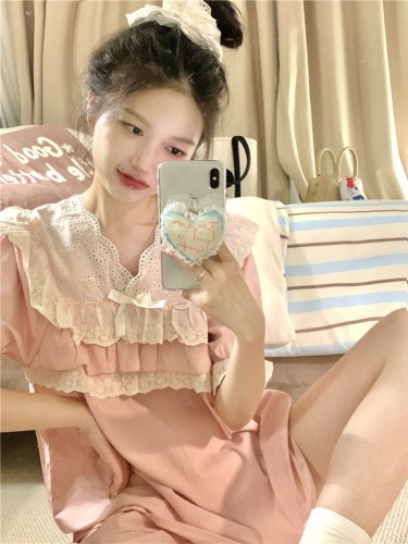 Real shot of Korean version of sweet princess style heavy industry lace cotton loose summer short-sleeved home clothes suit