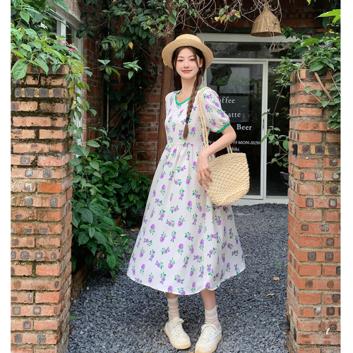 Real shot of large size high-end Platycodon tea break French temperament long skirt with waist slimming fairy floral dress