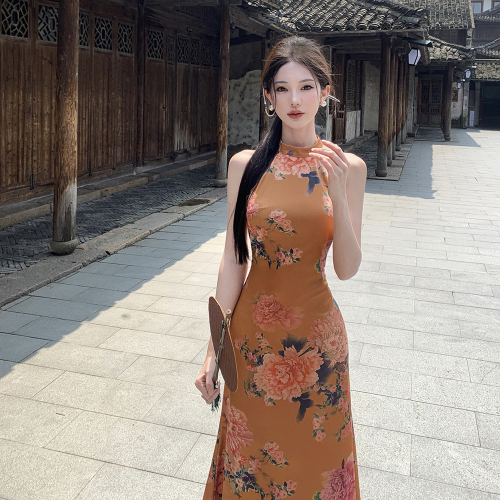 Actual shot of new women's retro printed national style improved cheongsam slim hip-covering halterneck dress