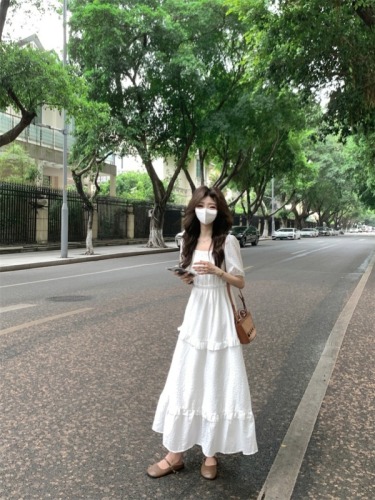 实拍#纯白色收腰方领显瘦夏季度假连衣裙茶歇长裙