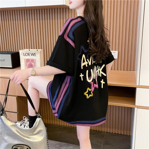 First release quality/pure cotton/back collar/mid-length loose contrasting color short-sleeved T-shirt