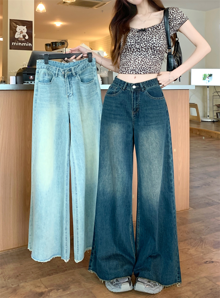 Photographed ~ American Retro Washed Frayed Women's High-Waist A-Line Straight Wide Leg Floor-Length Pants