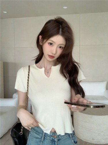 实拍 韩版修身气质开叉设计感针织衫短袖女上衣