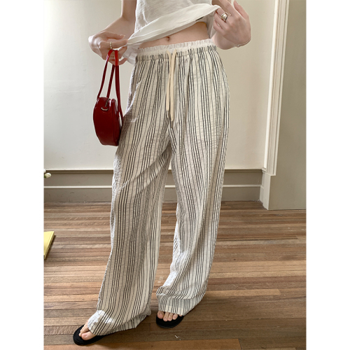 Real shot of sweet and cool lace plaid wide-leg pants summer niche casual trousers for women 2024 new striped walking pants