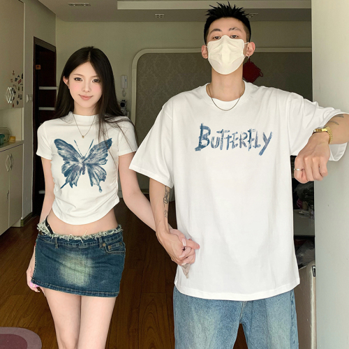 Special internet celebrity couple outfit summer 2024 new disoo short-sleeved one long one short butterfly T-shirt suit pure cotton